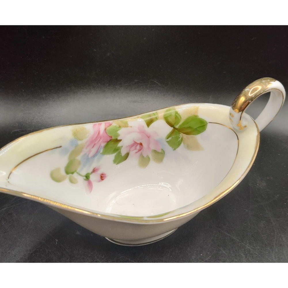 Antique Hand Painted Nippon Porcelain Creamer Floral Flower Rose Gold Trim 6.5"